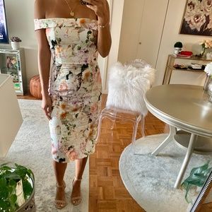 OFF THE SHOULDER  FLOWER neutral midi dress